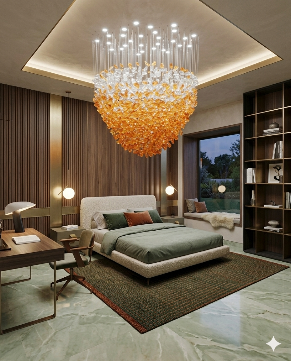 Custom Orange & White Modern Hanging Light for Hallway, Staircase & High Ceiling Interior