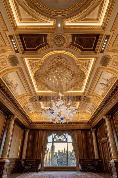 Custom Falling Leaf Glass Chandelier | Blue, Amber & Clear Drooping Leaves (120cm)