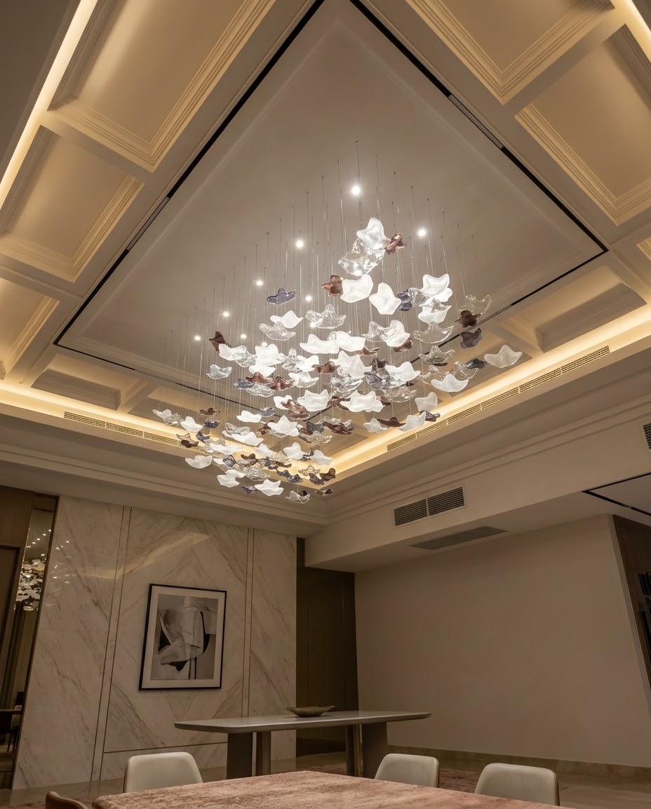 2m Modern Leaf Chandelier – Gold, White, Gray Glass Pendant