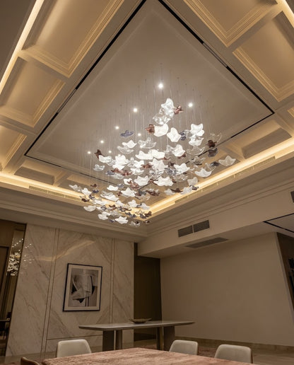 2m Modern Leaf Chandelier – Gold, White, Gray Glass Pendant