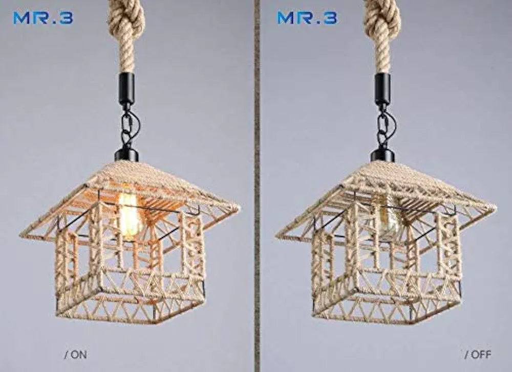 Hemp Rope Cage Pendant Light – Vintage Industrial Charm for Any Space