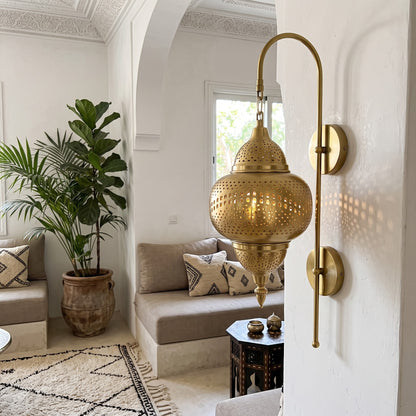 Vintage Moroccan Gold Stainless Steel Wall Light – Perforated Shadow Lantern Sconce