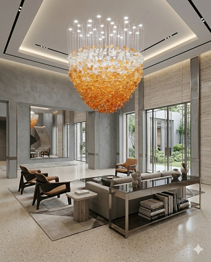 Custom Orange & White Modern Hanging Light for Hallway, Staircase & High Ceiling Interior