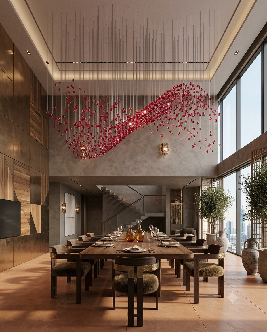 Custom Red Crystal Stone Wave Chandelier (2M x 80cm) | Ocean Wave Design Lighting