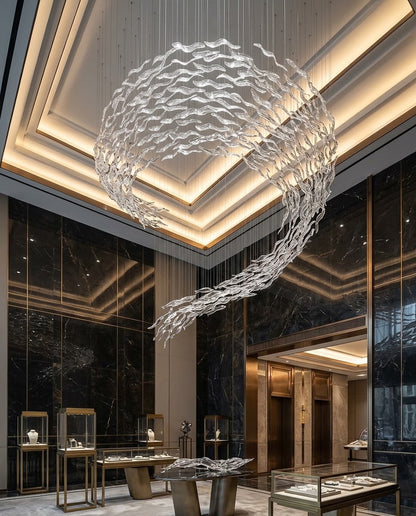 5m Large Modern Wave Glass Chandelier | Custom Double-Height Ceiling Lighting for High Ceiling Villa Foyers