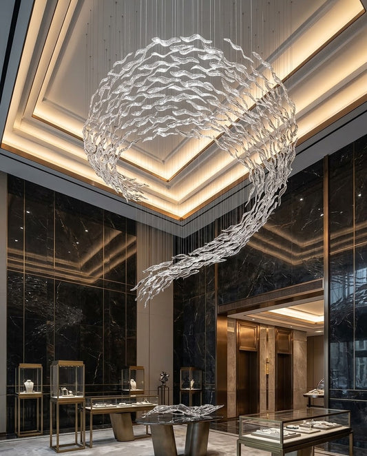 5m Large Modern Wave Glass Chandelier | Custom Double-Height Ceiling Lighting for High Ceiling Villa Foyers