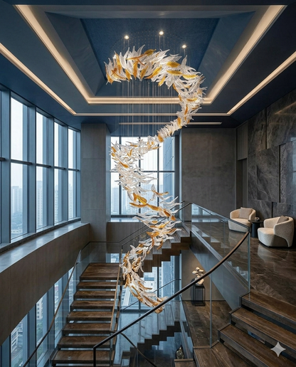 Custom High-Ceiling Design: Orange & White Glass Masterpiece