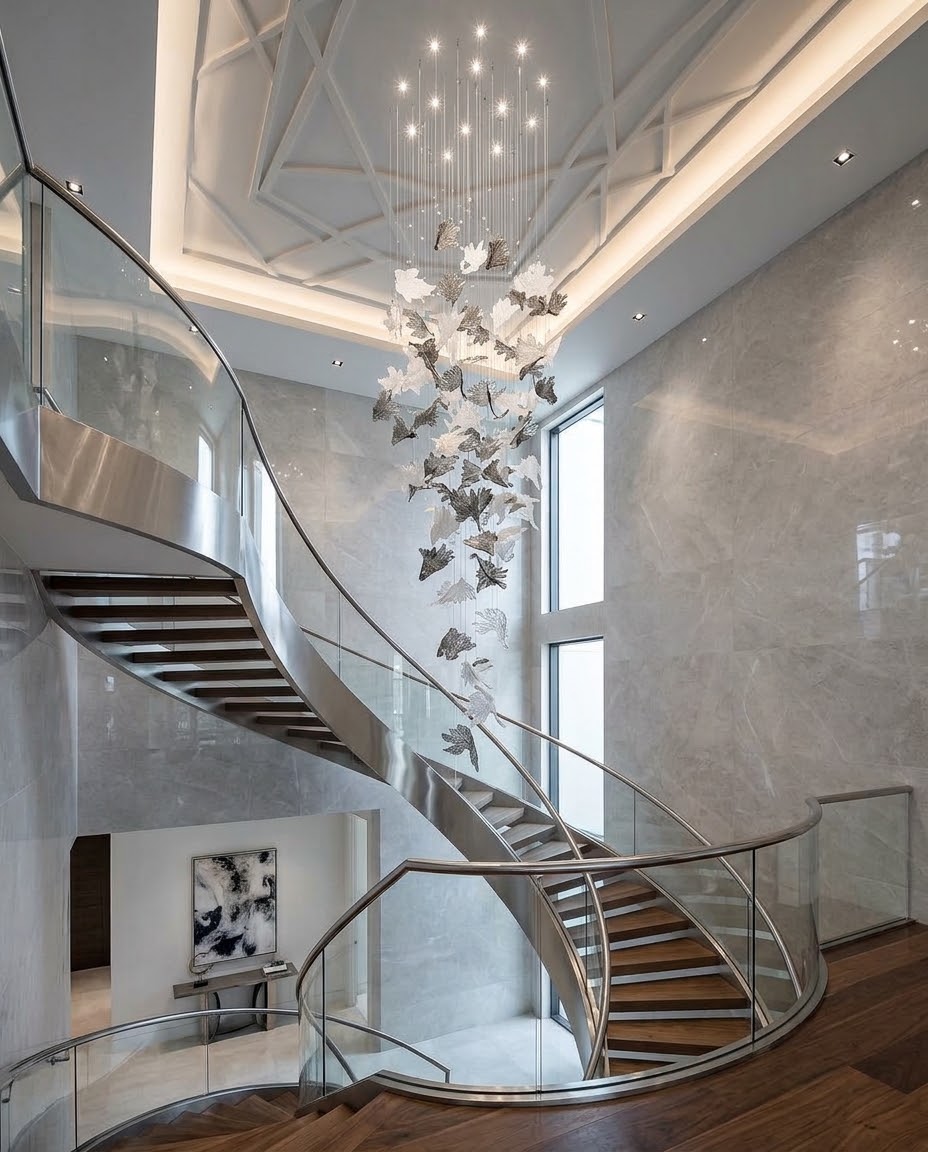 Modern 3M Drooping Leaf Glass Chandelier – Dual Tone Gray & Frosted Ceiling Light