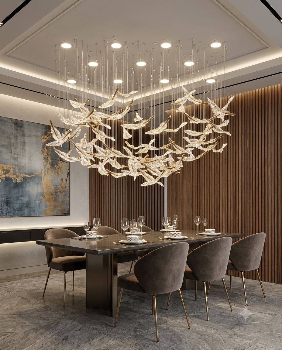 The Elysian Floating Leaf Chandelier | Modern Custom Boat-Shape Crystal Glass Chandelier, Large 1.5m Gold & Clear Art Glass Pendant Light