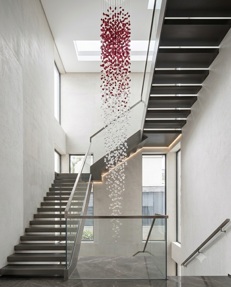 The Crimson Cascade – 5M Double-Height Ruby & Clear Crystal Statement Chandelier (80cm Width)
