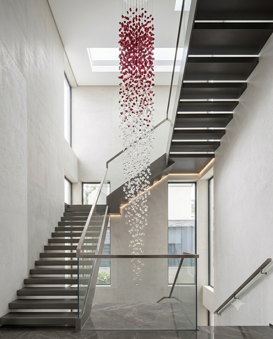 The Crimson Cascade – 5M Double-Height Ruby & Clear Crystal Statement Chandelier (80cm Width)