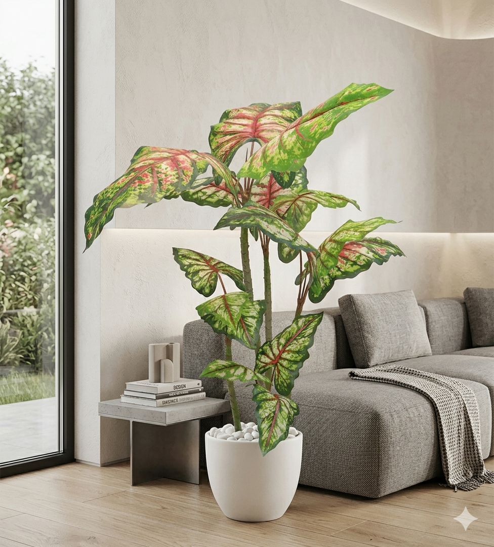 Artificial Caladium Tree in White Ceramic-Style Pot with River Stones