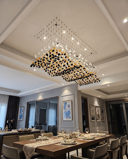 Large Rectangular Dining Chandelier (3M x 80CM) – Custom 2-Layer Wave Glass Stone Suspension Light