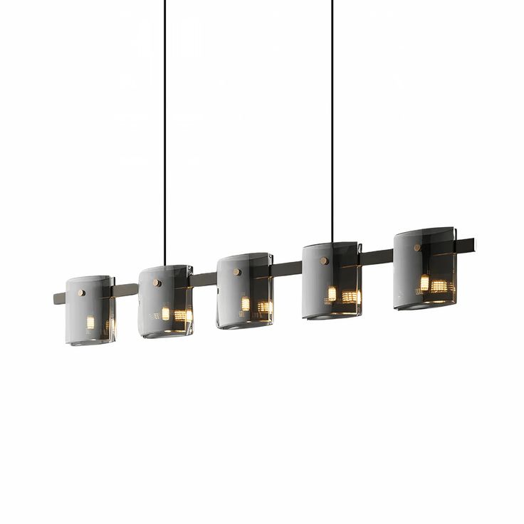 Modern 5-Light Linear Pendant Light – Black Metal Smoked Glass Kitchen Island Dining Lamp