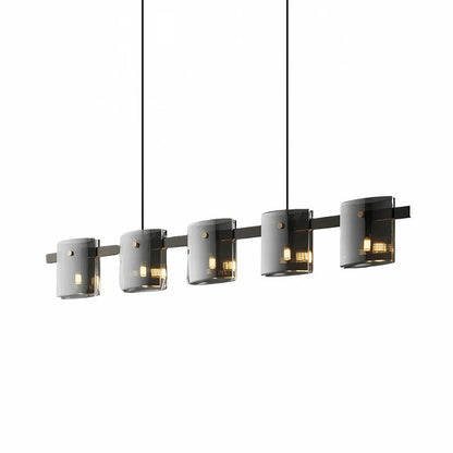 Modern 5-Light Linear Pendant Light – Black Metal Smoked Glass Kitchen Island Dining Lamp