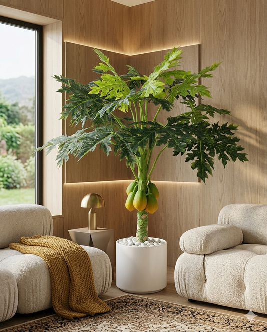 Artificial Papaya Fruit Tree in Elegant White Marble-Style Pot with Polished River Stones