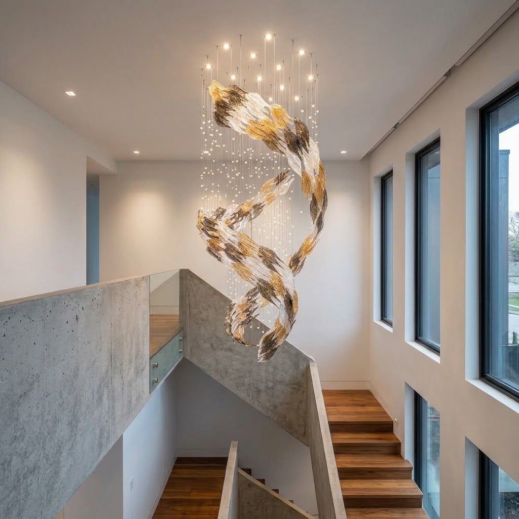 Celestial Whirlwind Custom Glass Chandelier – 80cm Tri-Color Ice Leaf & Crystal Rain Drop Feature Lighting