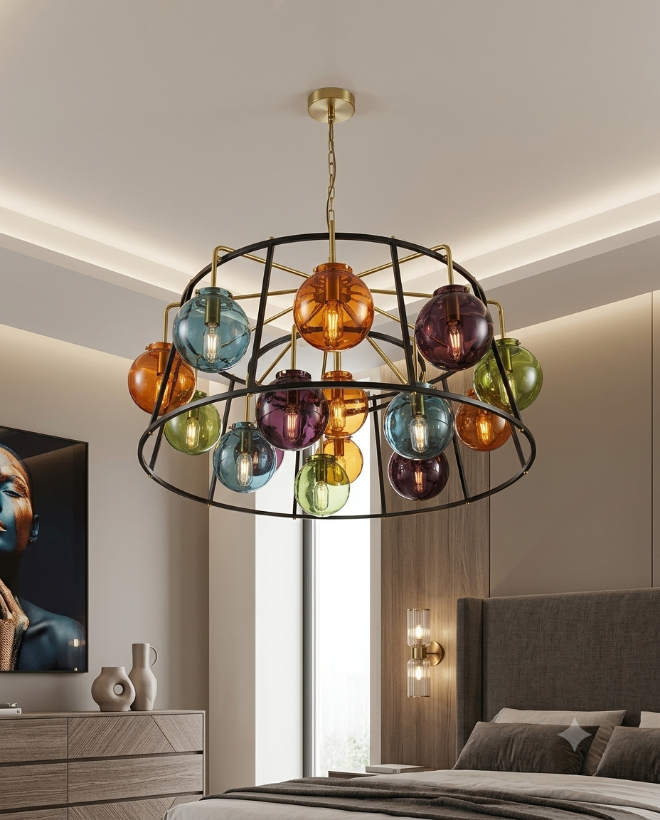 Modern Multicolor Glass Globe Chandelier – Pendant Light with E27 Blown Glass Balls (7-Light & 16-Light Options)