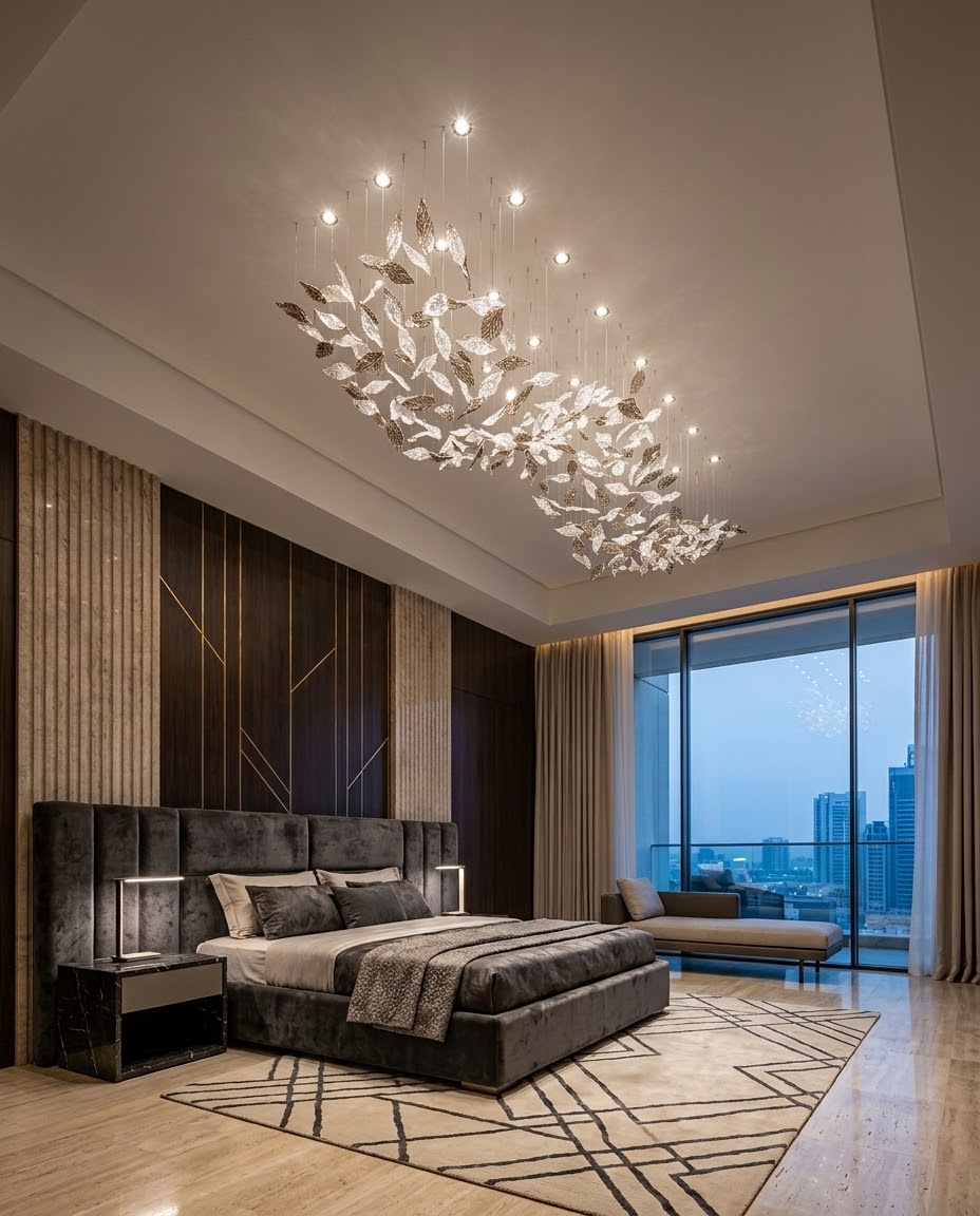 Luxury Custom Wavy Leaf Chandelier | Contemporary Frosted White & Charcoal Gray Glass Light