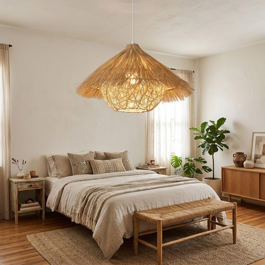 40cm Handcrafted Rattan Straw Pendant Light – Boho Straw Fringe Dome Ceiling Light Fixture