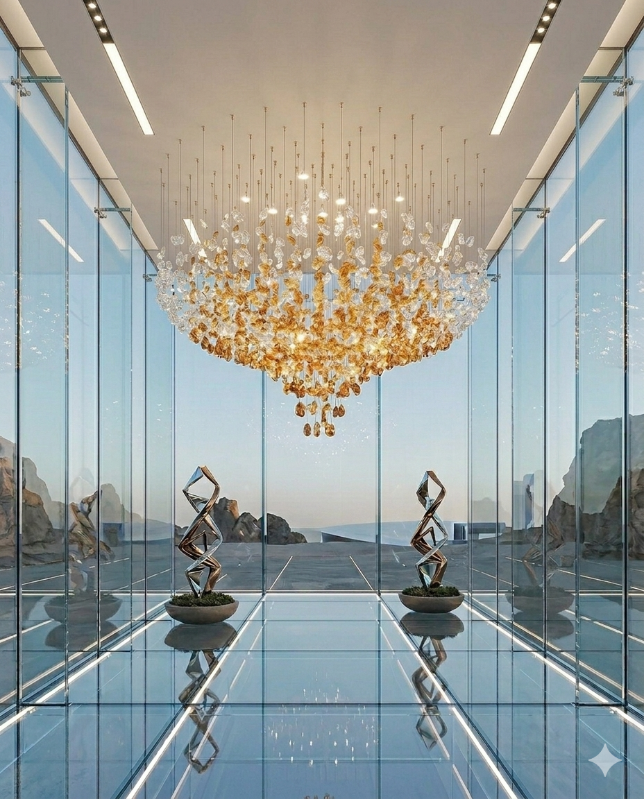 The Amber Cascade – Custom Floating Crystal & Stone Chandelier (150cm)