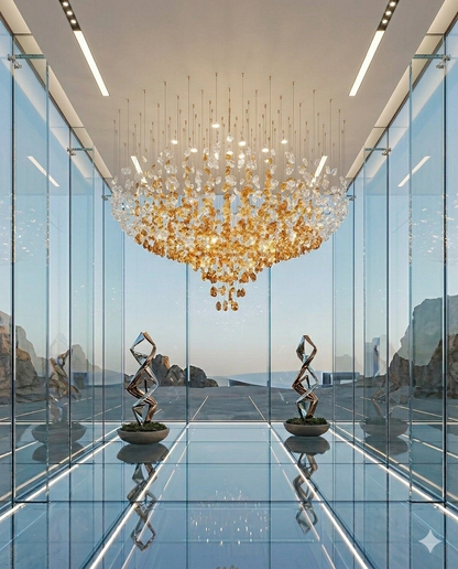 The Amber Cascade – Custom Floating Crystal & Stone Chandelier (150cm)