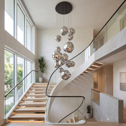 Melt-Style Silver Chrome Cascade Chandelier: Modern Multi-Light Pendant for Grand Staircases 3M Long