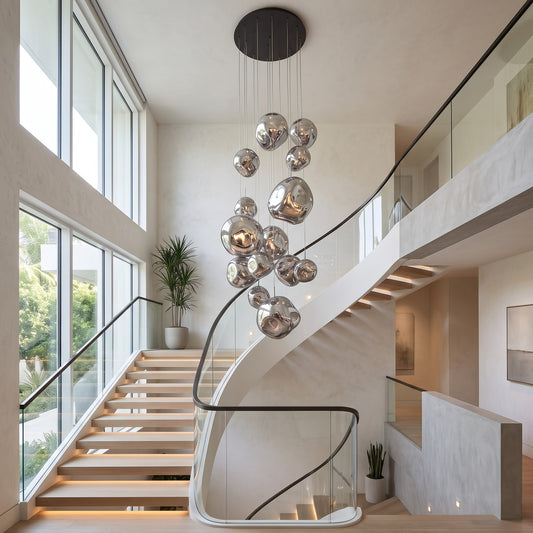 Melt-Style Silver Chrome Cascade Chandelier: Modern Multi-Light Pendant for Grand Staircases 3M Long