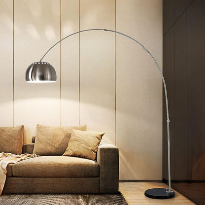 Curved Stainless Steel Floor Lamp with Black Marble Base – Adjustable Arc Standing Light