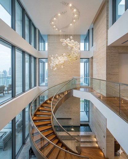 3M Spiral White & Gold Glass Staircase Chandelier – Custom Luxury Double Height Pendant Light for Modern Foyers & Staircases