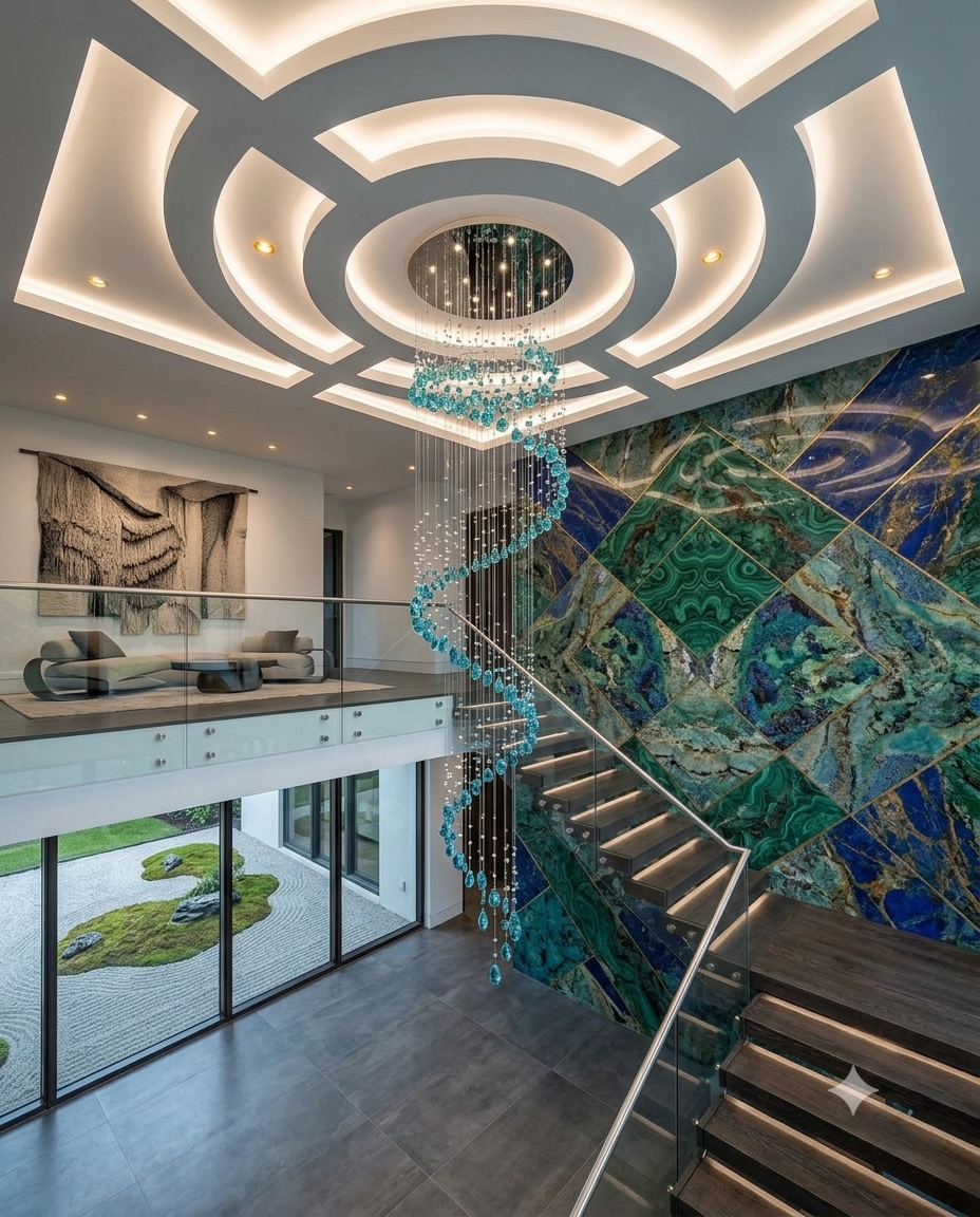 3m Waterfall Spiral Crystal Chandelier – Teal Blue Gemstone Stairwell Pendant Ligh