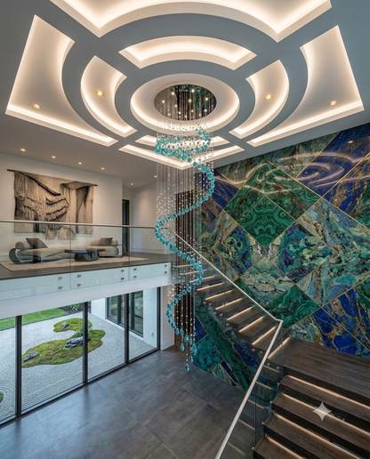 3m Waterfall Spiral Crystal Chandelier – Teal Blue Gemstone Stairwell Pendant Ligh