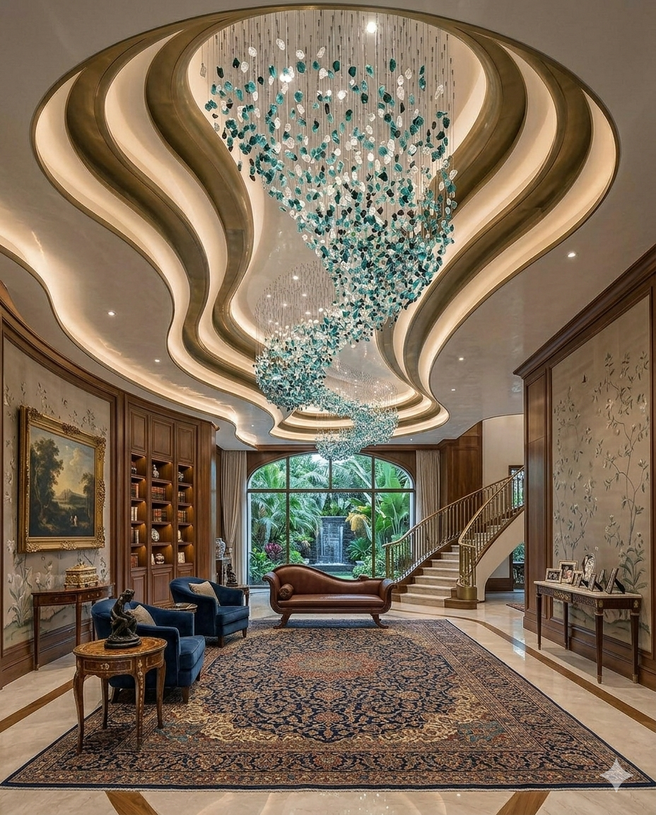 10m Custom S-Shape Stone Wave Chandelier | Teal & White Luxury Lighting