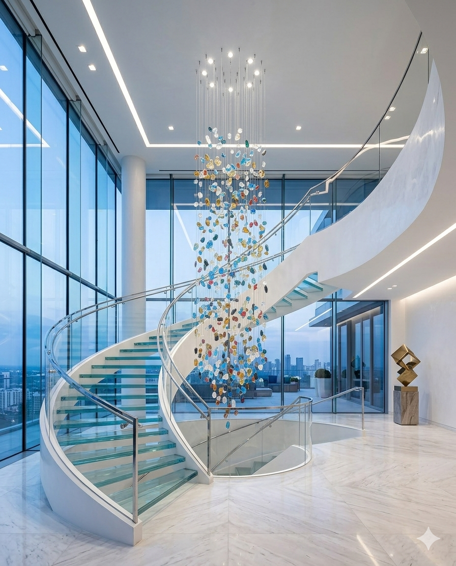 3M Luxury Multicolored Glass Stone Spiral Chandelier – 80cm Canopy for Grand Staircases & High Ceilings