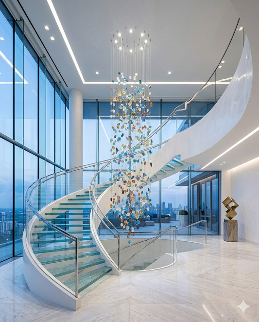 3M Luxury Multicolored Glass Stone Spiral Chandelier – 80cm Canopy for Grand Staircases & High Ceilings