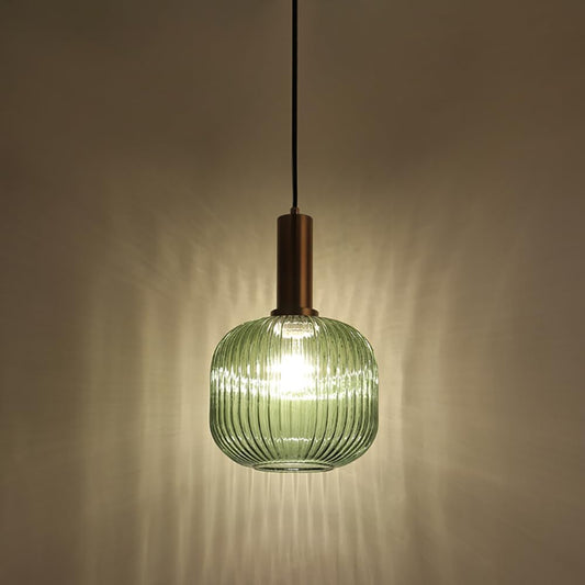 Mid-Century Modern Gold Pendant Light | Striped Glass Lantern Chandelier