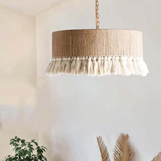Vintage Hemp Rope Industrial Pendant Light – Handwoven Bamboo Bohemian Ceiling Lamp for Kitchen, Dining & Bedroom 60 C.M