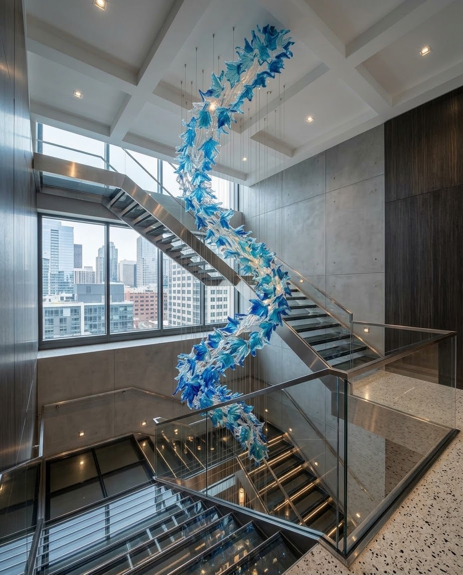 Contemporary 5M Blue & Clear Glass Snake Chandelier | Custom High-Ceiling Staircase Lighting