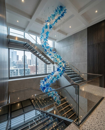 Contemporary 5M Blue & Clear Glass Snake Chandelier | Custom High-Ceiling Staircase Lighting