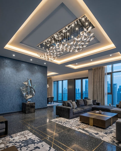 Luxury Custom Wavy Leaf Chandelier | Contemporary Frosted White & Charcoal Gray Glass Light