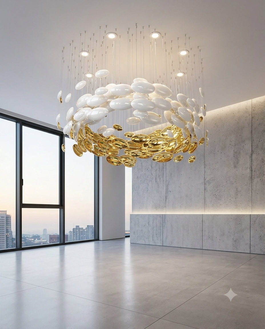 Modern Luxury Glass Chandelier - White & Gold Custom Round Pendant Light (1M x 80cm)