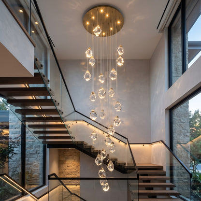 Modern Diamond Cut Crystal Chandelier for High Ceiling Staircase – 36-Light Spiral Pendant, 5M Adjustable Drop, 80cm Gold Frame