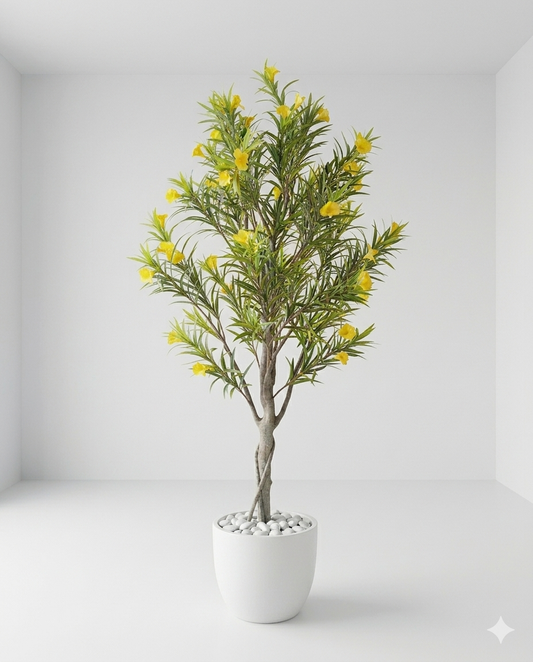 Artificial Cascabela Thevetia Tree (Yellow Oleander) in Luxe White Marble-Finish Pot