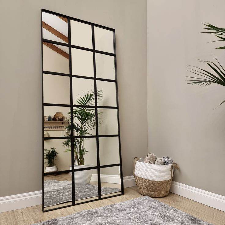 Modern Window Grid Wall/stand Mirror – Black Metal Frame Decorative Mirror