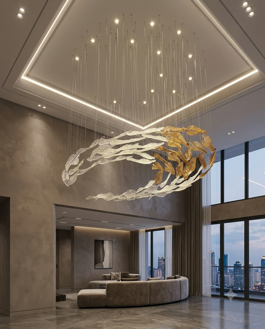 Custom 2-Meter Glass Leaf Chandelier | Modern C-Shape Tapered Luxury Lighting for Grand Halls