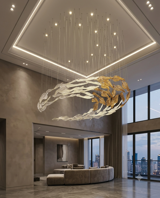 Custom 2-Meter Glass Leaf Chandelier | Modern C-Shape Tapered Luxury Lighting for Grand Halls