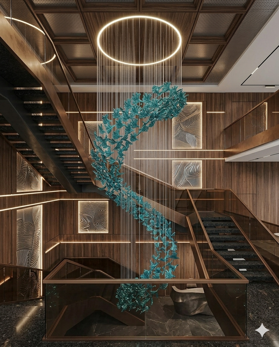 Custom 5M Teal Blue Hand-Blown Glass Leaf Spiral Chandelier with 1M Circular Ceiling Mount