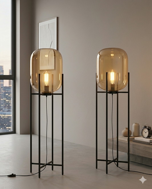 Amber Glass Capsule Shade & Matte Black Steel Cross-Base (E27 Matte Black Finish)