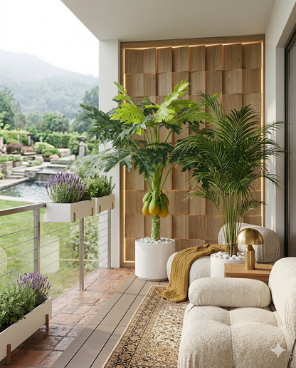 Artificial Papaya Fruit Tree in Elegant White Marble-Style Pot with Polished River Stones