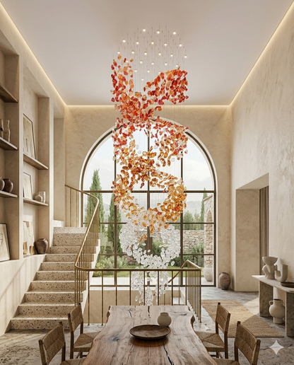 Custom 5M Spiral Ring Staircase Chandelier – Red, Orange & White Crystal Stone Luxury Pendant Light for High Ceilings
